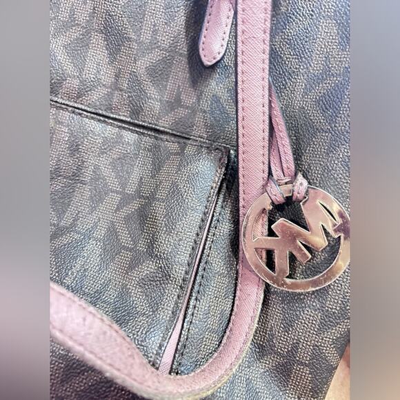 MICHAEL KORS Brown Monogram Jet Set Pocket Tote w/ Pink Leather Straps - Picture 3 of 8